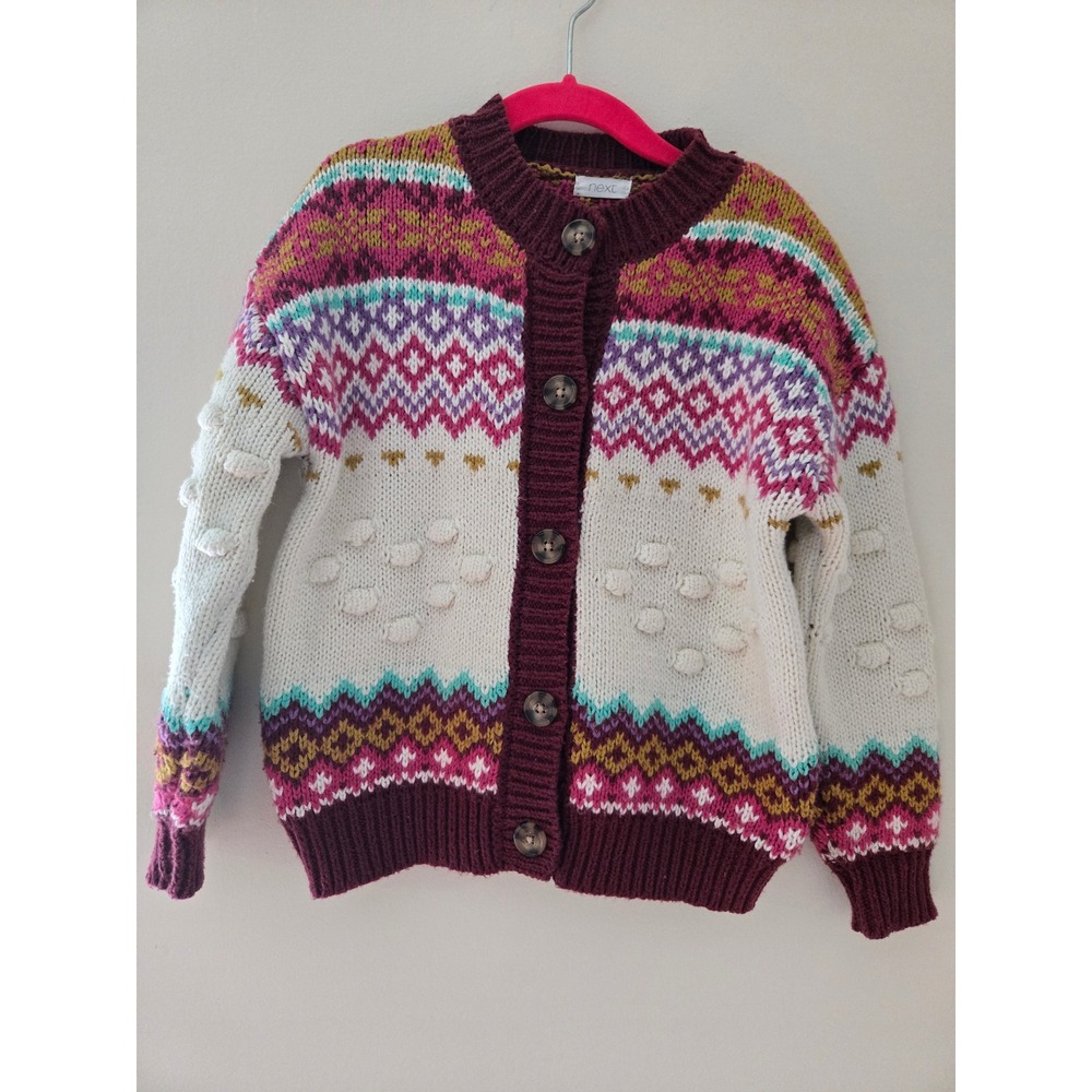 Next Kids Fair Isle Bobble Knit Cardigan Burgundy Pink Button Front Sweater - Picture 3 of 5